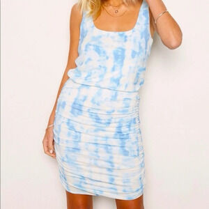 Tart Collections Tie Dye Ruched Tank Dress in Blue/White Size M